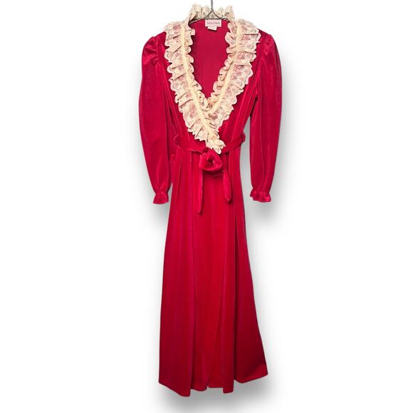 Vintage 80s Size Medium Long Red Velour Robe Lace Ruffle Collar Maxi Wrap Tie - Picture 1 of 14